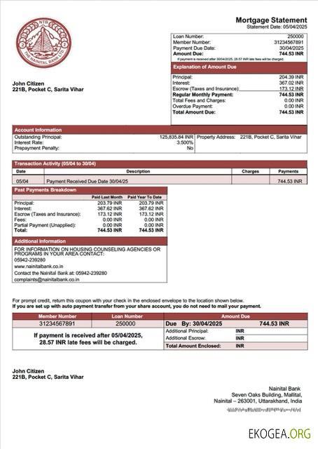 Modèle Word et PDF de relevé hypothécaire de la Nainital Bank en Inde